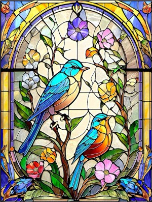 SunsOut: Stained Glass Flowers and Bluebirds (500L) puzzel