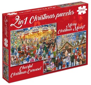 Tucker's Fun Factory: 2in1 Cheerful Christmas Carousel en Merry Christmas Market (2x1000) kerstpuzzels