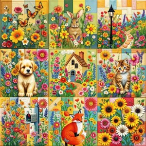 Alipson: Cottage Garden Nine Patch Quilt Block (1000) vierkante puzzel